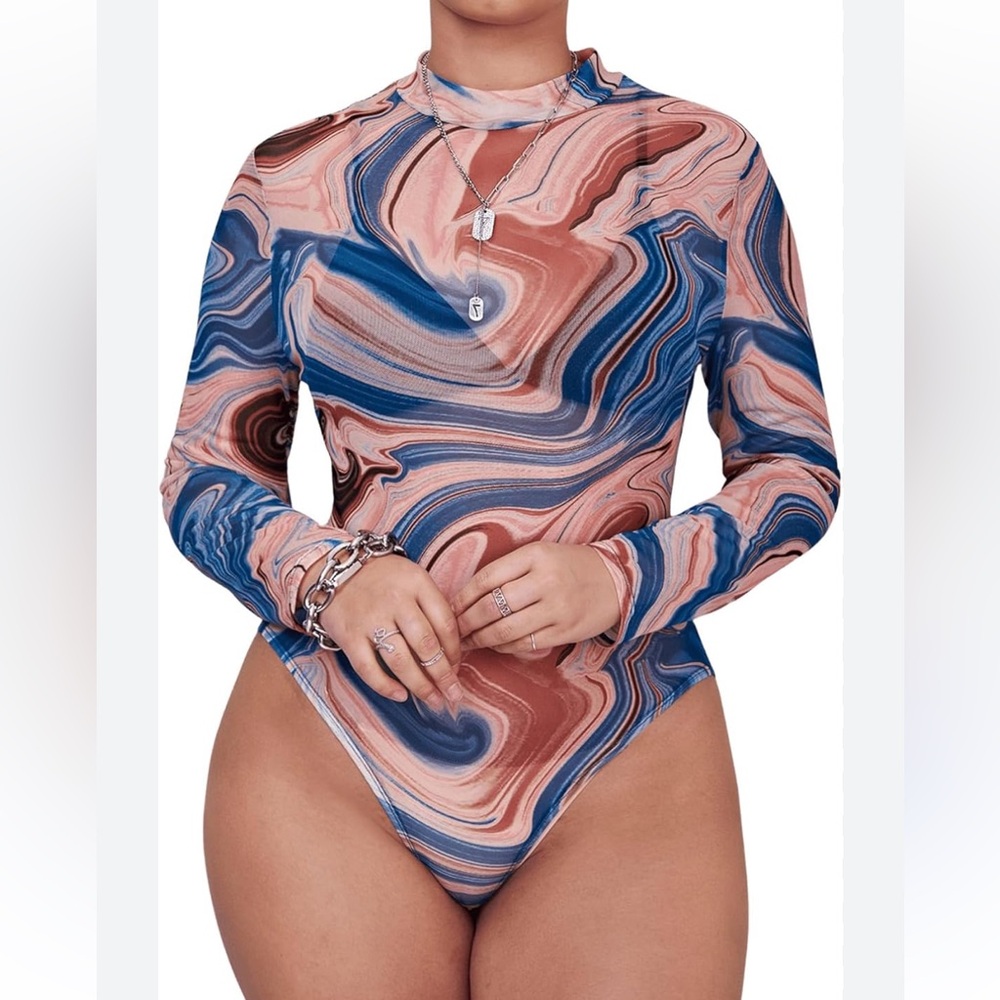 Marble Print Mock Neck Mesh Bodysuit